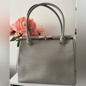 Kate Spade Gray Croc-Embossed Satchel Tote – Gold Bar Frame